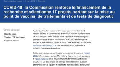 COVID-19: la Commission Européenne renforce le financement de la recherche